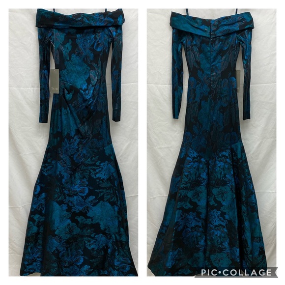 THEIA BODYCON TRUMPET METALLIC JACQUARD long DRESS - Picture 4 of 9